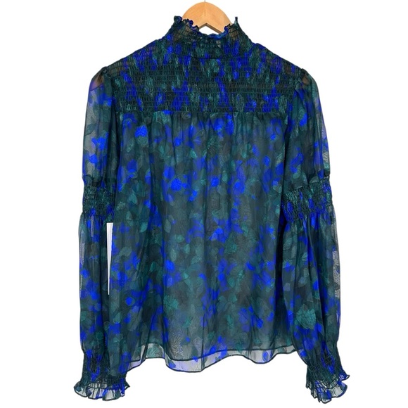 Sugarlips Blue Green Floral Smocked High Neck Blouse size Small Long Sleeves - Picture 8 of 10